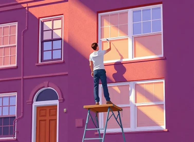 Peintre sur échafaudage traitant la façade d'une maison
