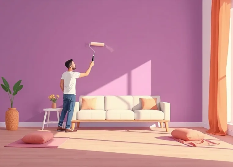 Peintre appliquant la peinture au rouleau sur un mur de salon